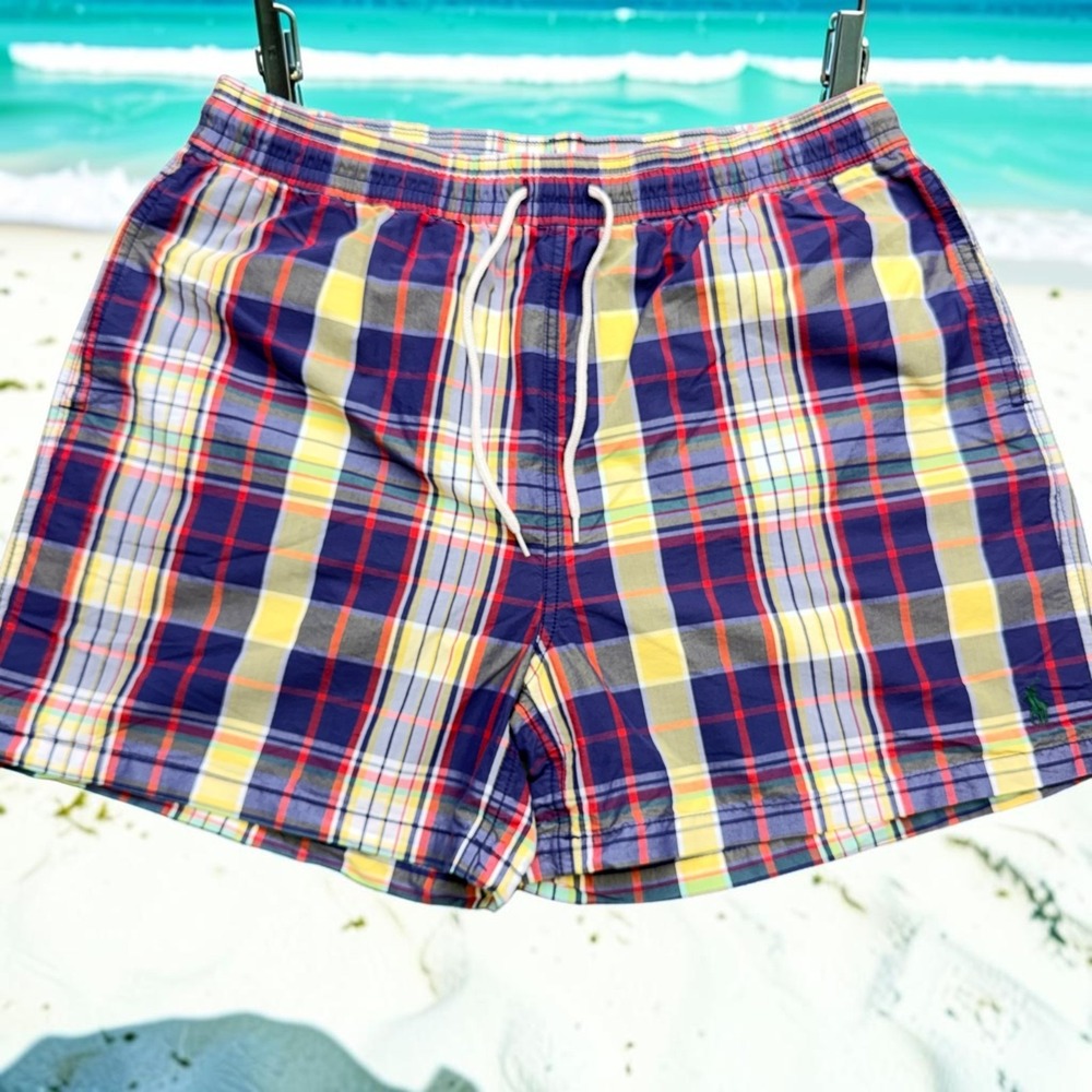 Vintage Polo Ralph Lauren Swim Trunks Men XL Madras Plaid Lined‎ Mesh Shorts 90s